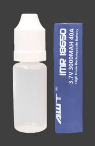 10 mL bottle next to 18650 battery